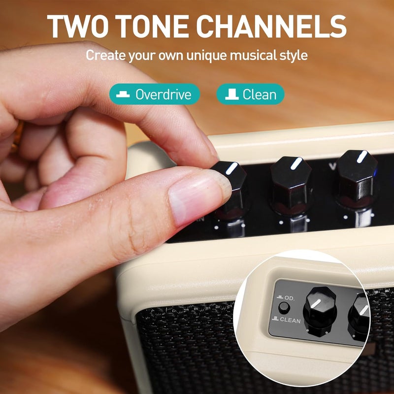 EROK Mini Electric Guitar Amplifier, with Clean Overdrive Effects,Support BT/Headphone Connection,5W Indoor Music Pratice Speaker (Beige) - Image 2